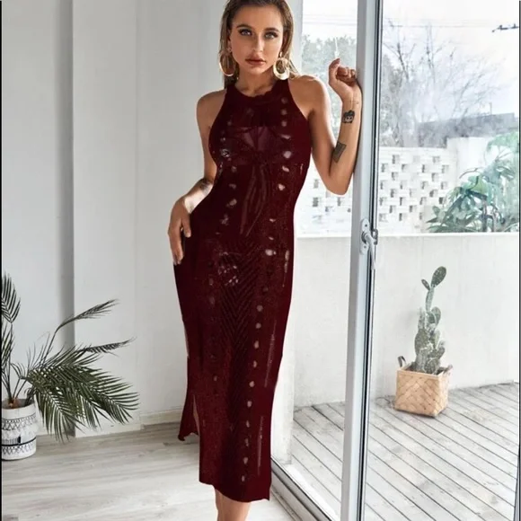 fitted lace wedding dress Burgundy Lace Maxi Dress With Crochet Top main image 1